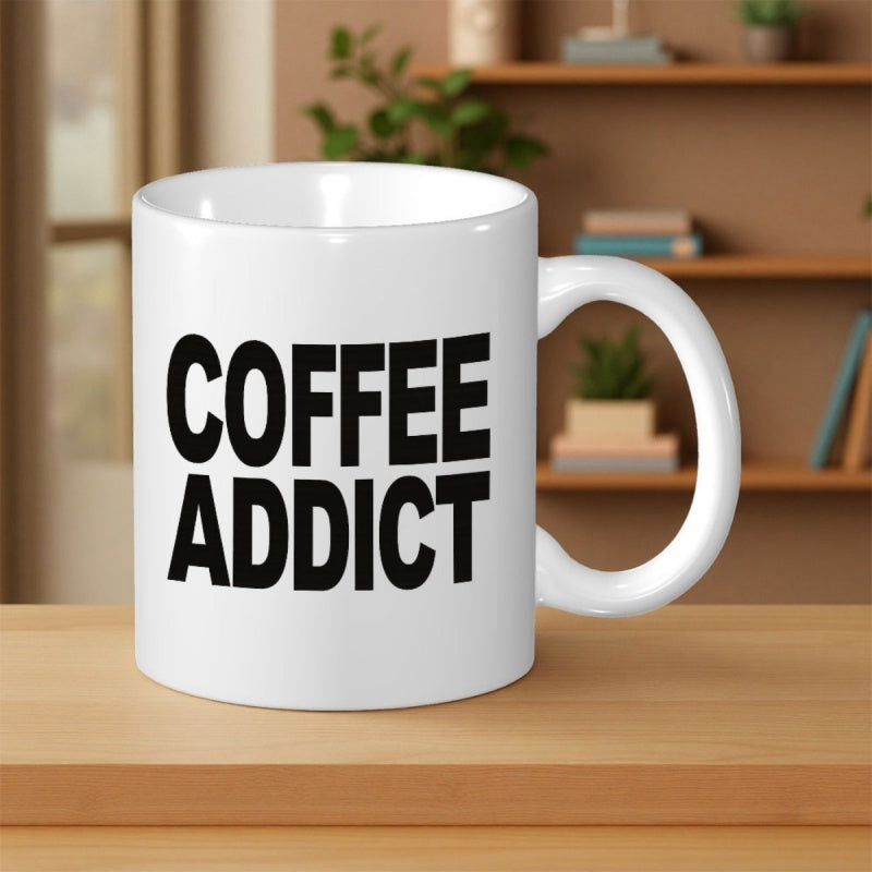 Tailorly White Ceramic 11 oz Mug - Coffee Addict Simple Elegant White Ceramic Vessel Sitting Upon Smooth Wood Surface Mug