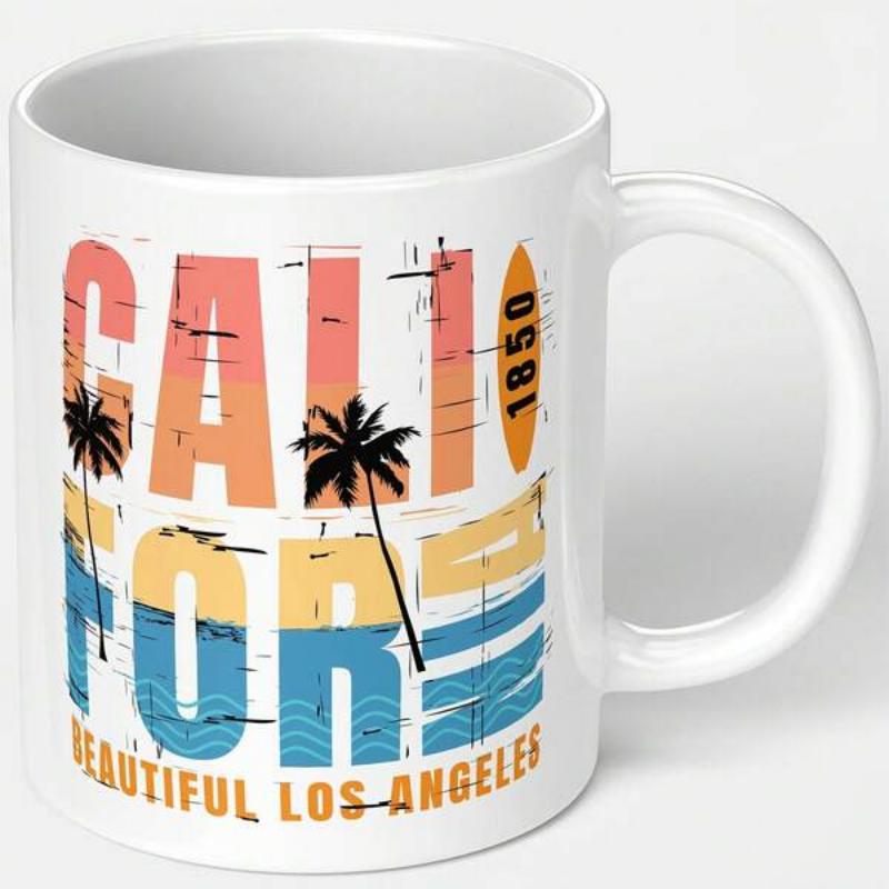 Tailorly White Ceramic 11 oz Mug - Beautiful Los Angeles Cali For Vintage Retro Style Bars Featuring Palm Trees And Silhouette Surfboard Sunset