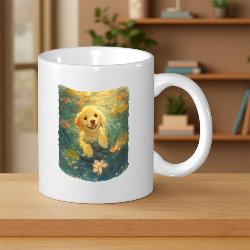 Tailorly White Ceramic 11 oz Mug - Adorable Golden Retriever Sitting Amidst Vibrant Garden Flowers Under Soft Sunlight Dog