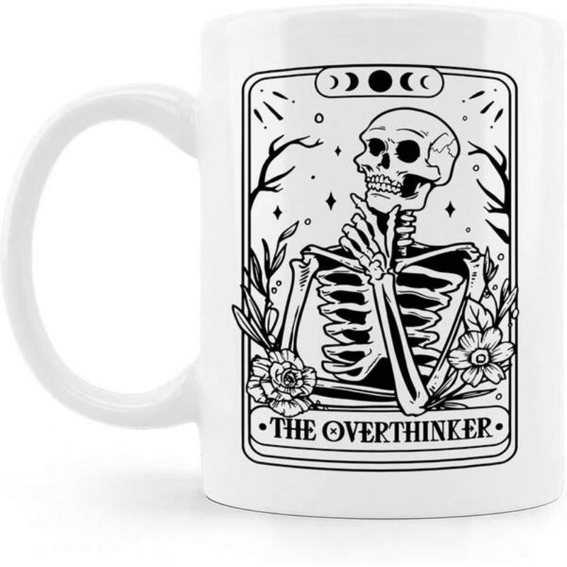 Tailorly White Ceramic 11 oz Mug - The Overthinker Thinking Pose Tarot Style Framed By Moon Phases And Decorative Flowers Skeleton