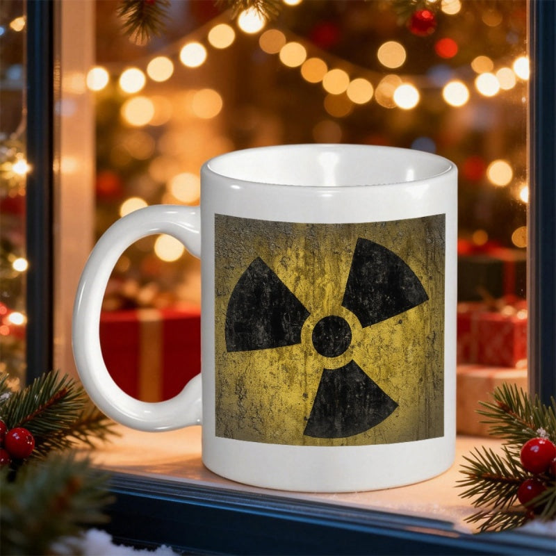 Tailorly White Ceramic 11 oz Mug - Weathered Industrial Radiation Warning Symbol Set Against A Distressed Yellow Background Sign