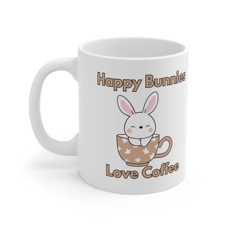Tailorly White Ceramic 11 oz Mug - Happy Bunnies Love Coffee Adorable Small White Bunny Sitting Inside A Brown Polka Dot Coffee Cup Rabbit