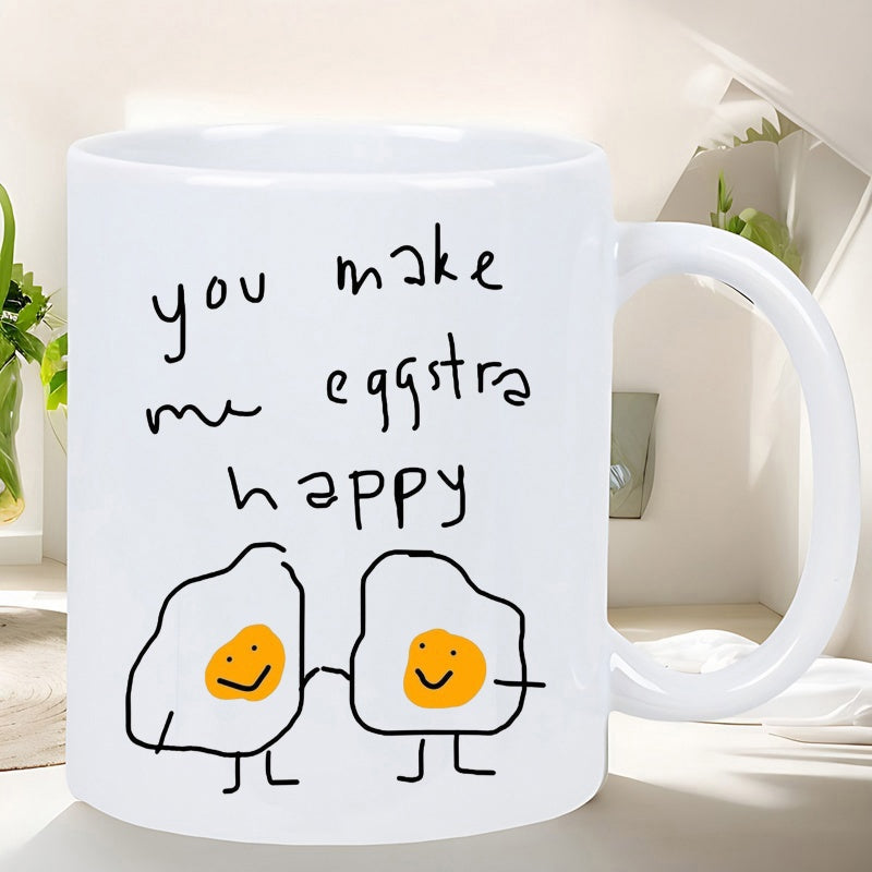 Tailorly White Ceramic 11 oz Mug - You Make Me Eggstra Happy Two Smiling Fried Eggs Holding Hands Under Playful Handwritten Text Egg