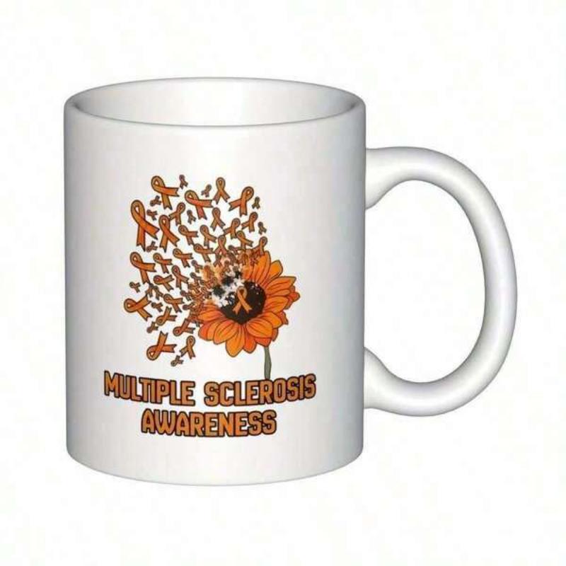 Tailorly White Ceramic 11 oz Mug - Multiple Sclerosis Awareness Vibrant Orange Awareness Ribbons Rising From A Blooming Sunflower