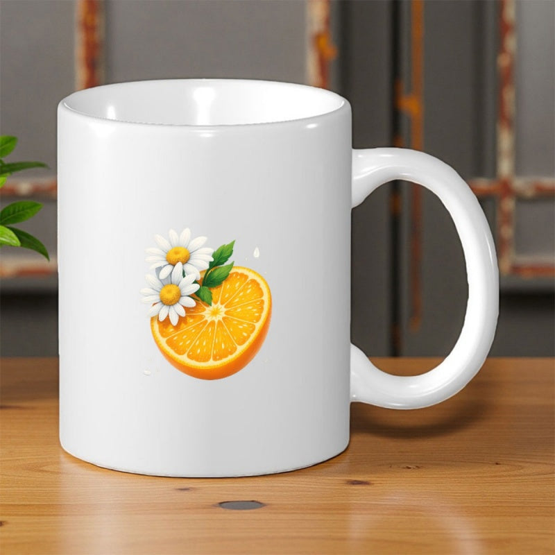 Tailorly White Ceramic 11 oz Mug - Vibrant Sliced Citrus Fruit With Delicate White Daisy Blossoms And Leaves Orange