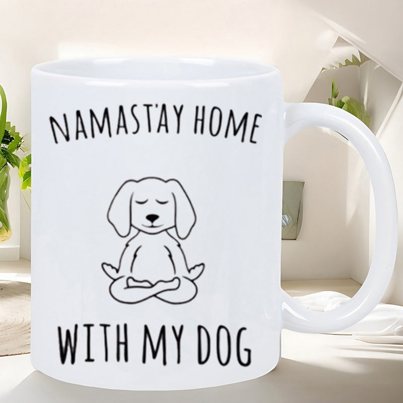 Tailorly White Ceramic 11 oz Mug - Namastay Home With My Dog Zen Minimalist Black Line Drawing Of Puppy Sitting In Meditation Pose Dog