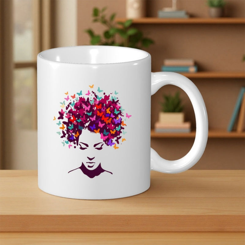 Tailorly White Ceramic 11 oz Mug - Elegant Artistic Silhouette With Vibrant Colorful Butterflies Forming Hair Woman