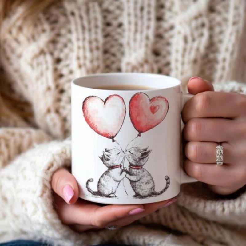 Tailorly White Ceramic 11 oz Mug - Charming Watercolor Style Kittens Holding Vibrant Heart Shaped Balloons Sharing Love Cat