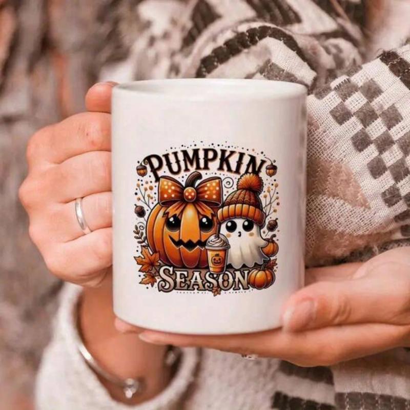 Tailorly White Ceramic 11 oz Mug - Pumpkin Season Adorable Ghost Wearing Hat Next To Carved Smiling Seasonal Pumpkin