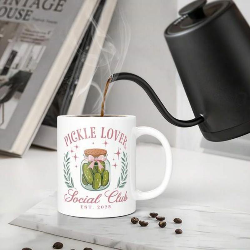 Tailorly White Ceramic 11 oz Mug - Pickle Lover Social Club Vintage Style Glass Jar With Green Pickles And Decorative Wreath Jar
