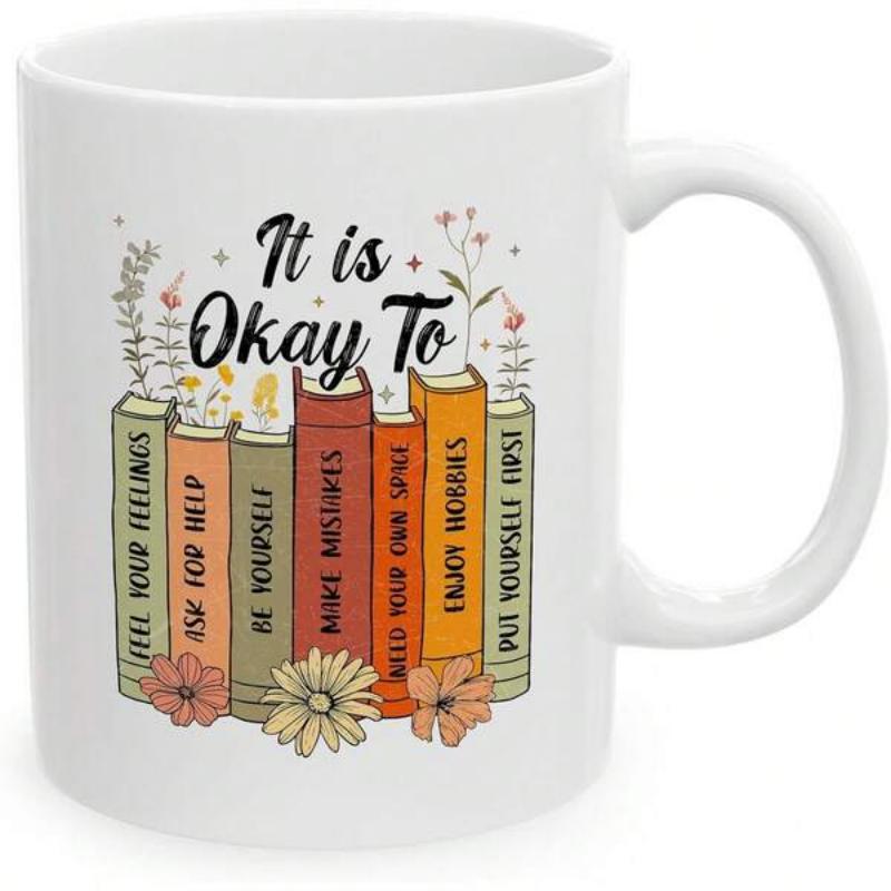 Tailorly White Ceramic 11 oz Mug - It Is Okay To Vertical Colorful Books With Small Blooming Flowers And Golden Stars Bookshelf