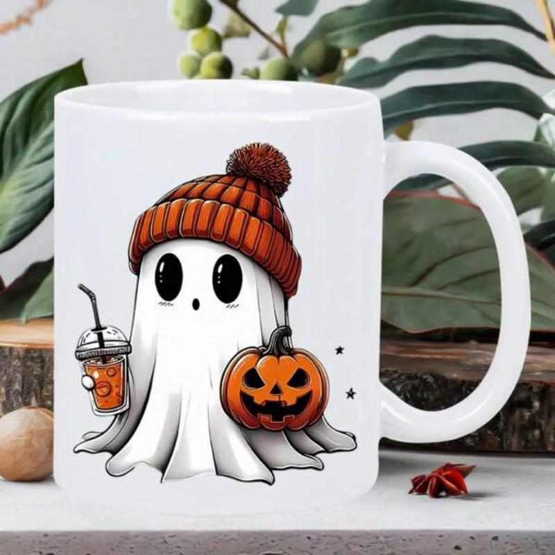 Tailorly White Ceramic 11 oz Mug - Cute White Halloween Ghost Wearing An Orange Beanie Holding A Pumpkin Ghost
