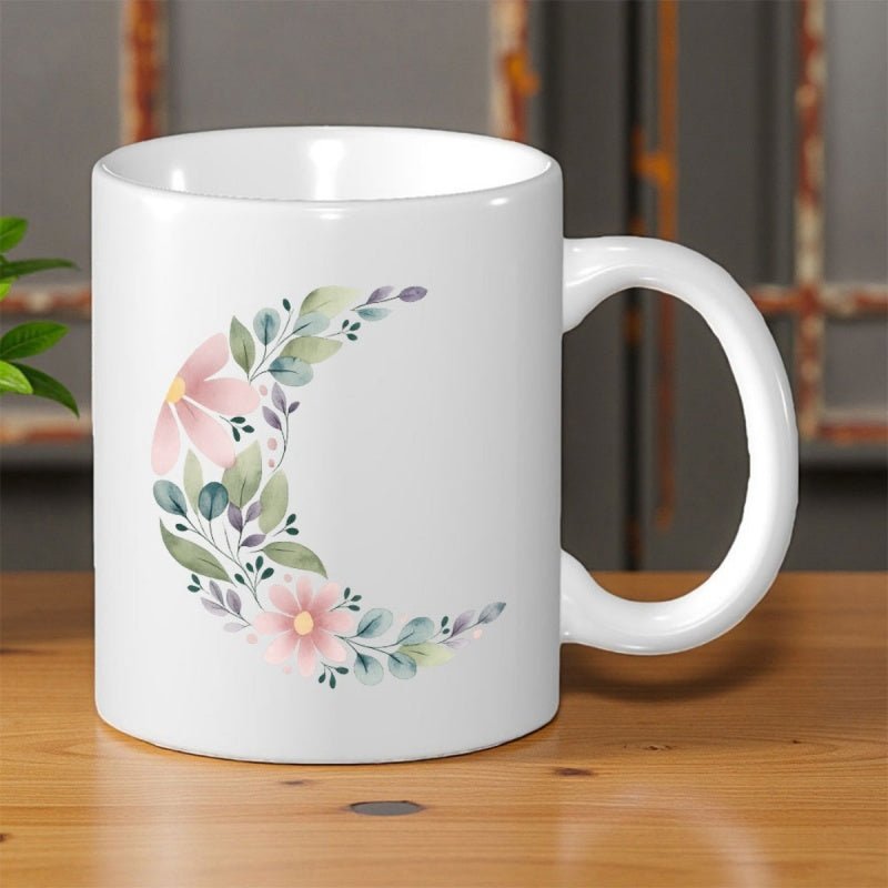 Tailorly White Ceramic 11 oz Mug - Soft Watercolor Flowers With Delicate Green Leaves Arranged In A Crescent Moon