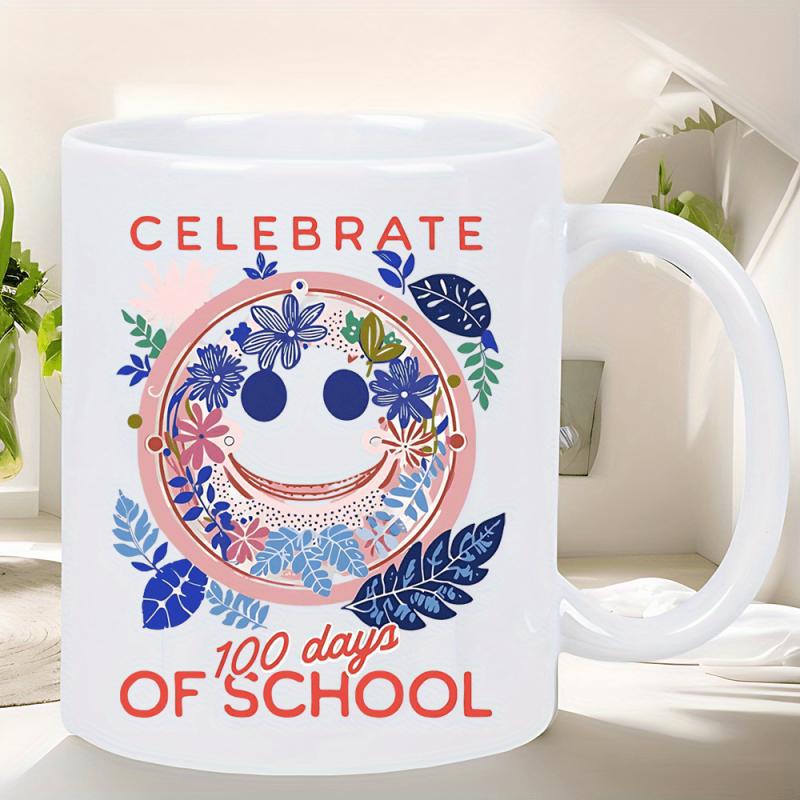 Tailorly White Ceramic 11 oz Mug - Celebrate 100 Days Of School Vibrant Floral Design With Colorful Leaves And Blooming Garden Smiley Face