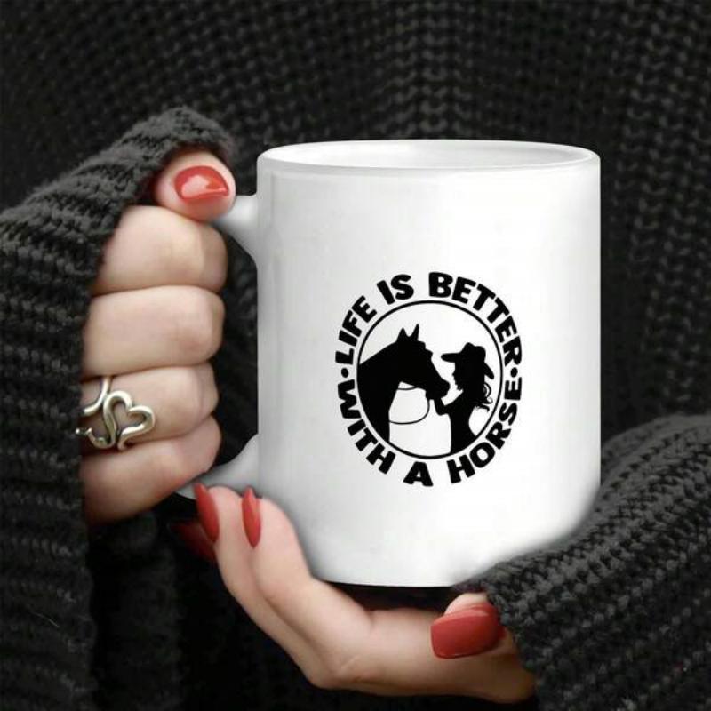 Tailorly White Ceramic 11 oz Mug - Life Is Better With A Horse Elegant Circular Portrait Featuring A Cowgirl Next To A Graceful Horse