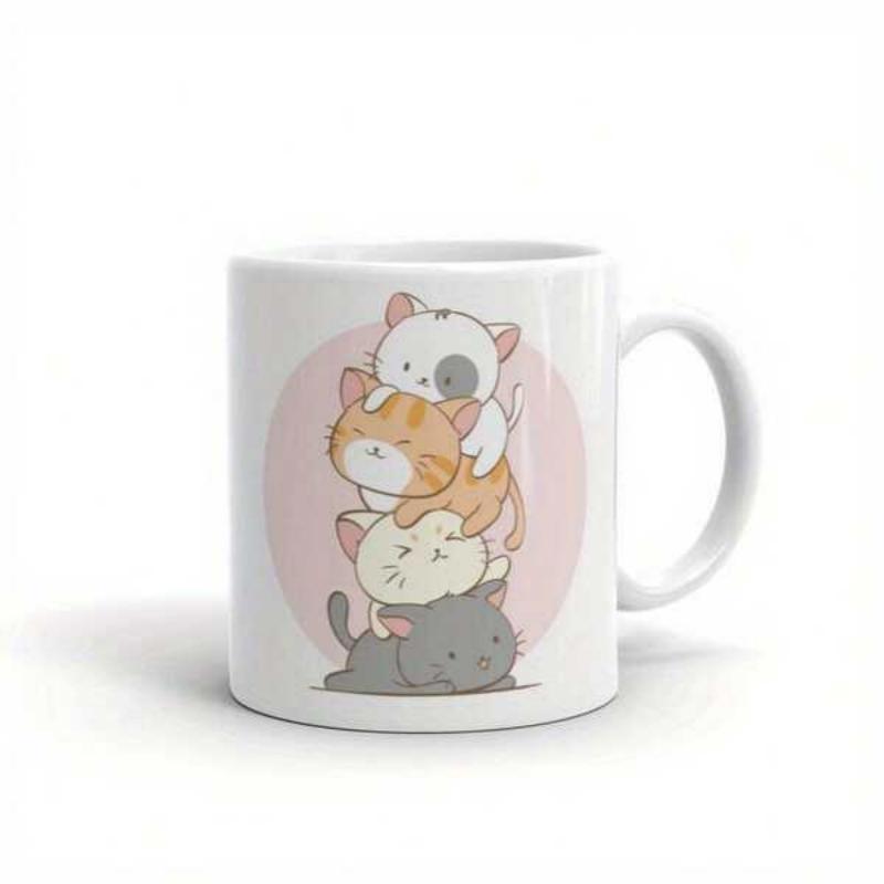 Tailorly White Ceramic 11 oz Mug - Four Cute Cartoon Kittens Stacked Vertically Within A Soft Pink Circle Cats