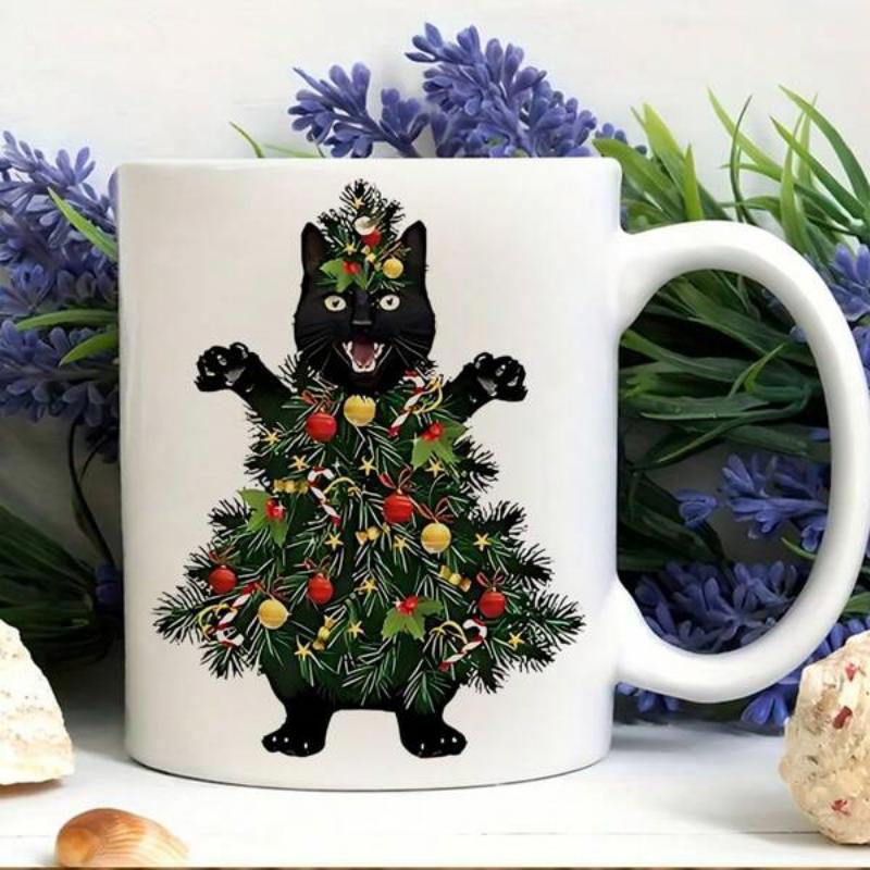 Tailorly White Ceramic 11 oz Mug - Festive Black Cat Wearing Decorated Pine Christmas Tree With Colorful Ornaments Cat