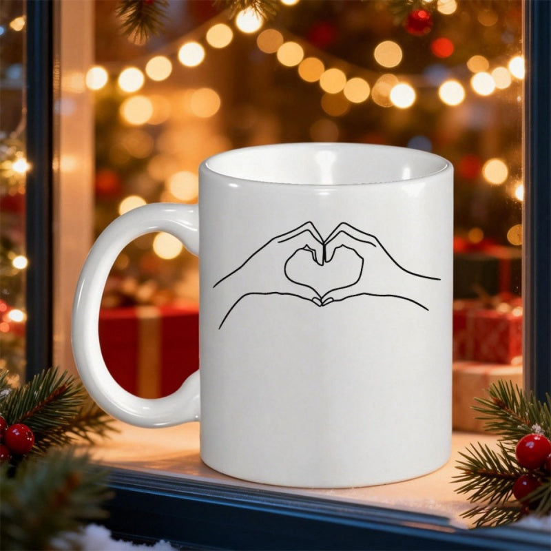 Tailorly White Ceramic 11 oz Mug - Minimalist Line Drawing Representing Love With Two Gentle Stylized Human Hands