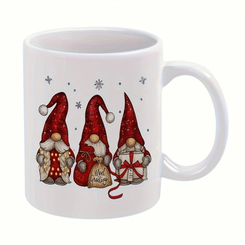 Tailorly White Ceramic 11 oz Mug - Three Festive Figures Wearing Red Pointy Hats Carrying Seasonal Gifts Under Snowflakes Gnome