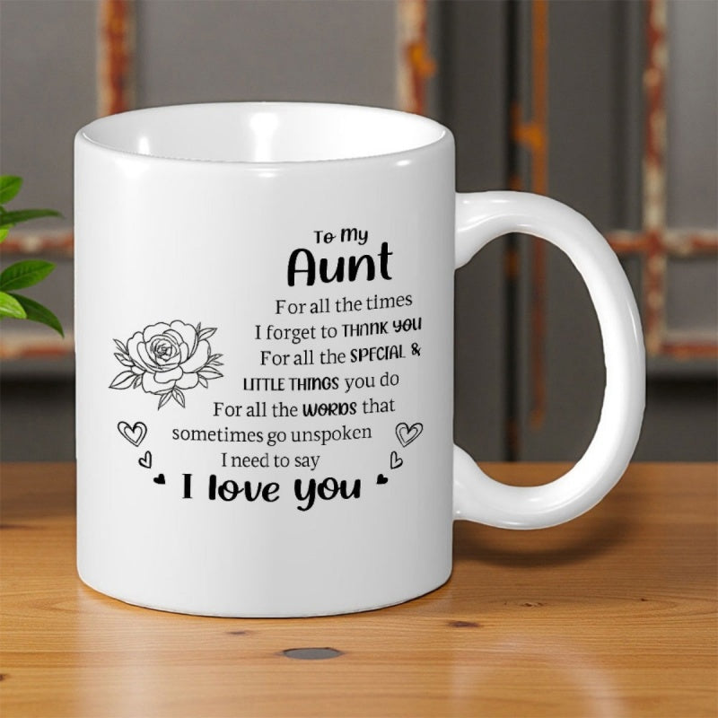 Tailorly White Ceramic 11 oz Mug - To My Aunt I Love You Minimalist Line Art Style Surrounded By Hearts Rose