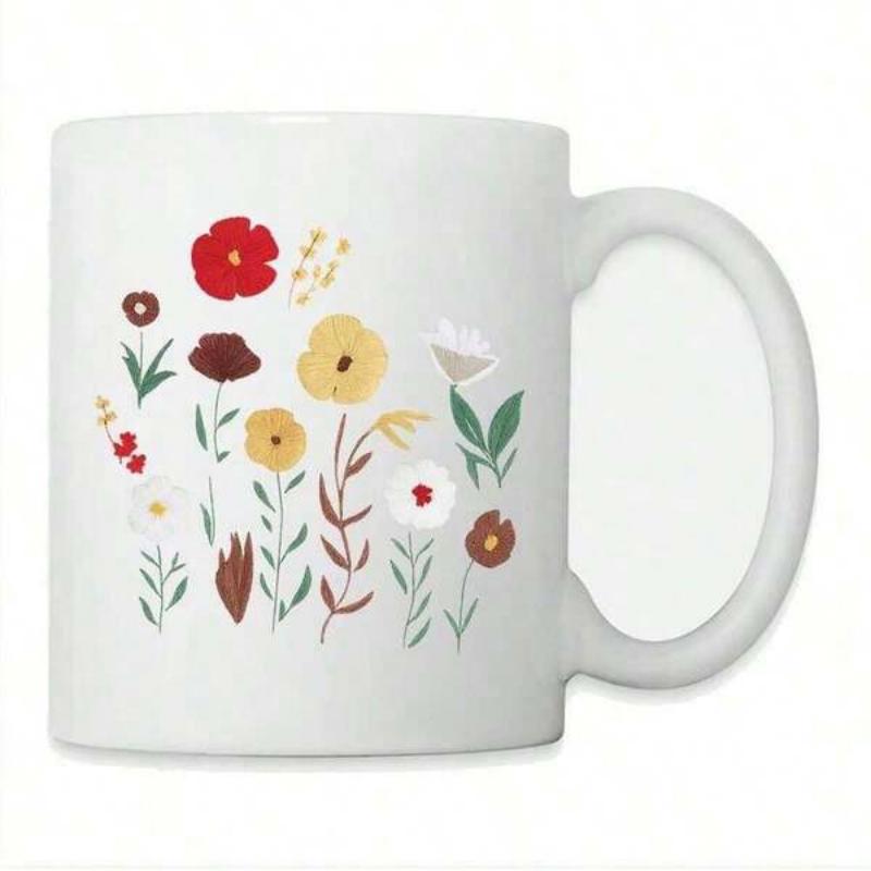 Tailorly White Ceramic 11 oz Mug - Vibrant Hand Painted Wildflowers Blooming With Green Leaves In Garden Flower