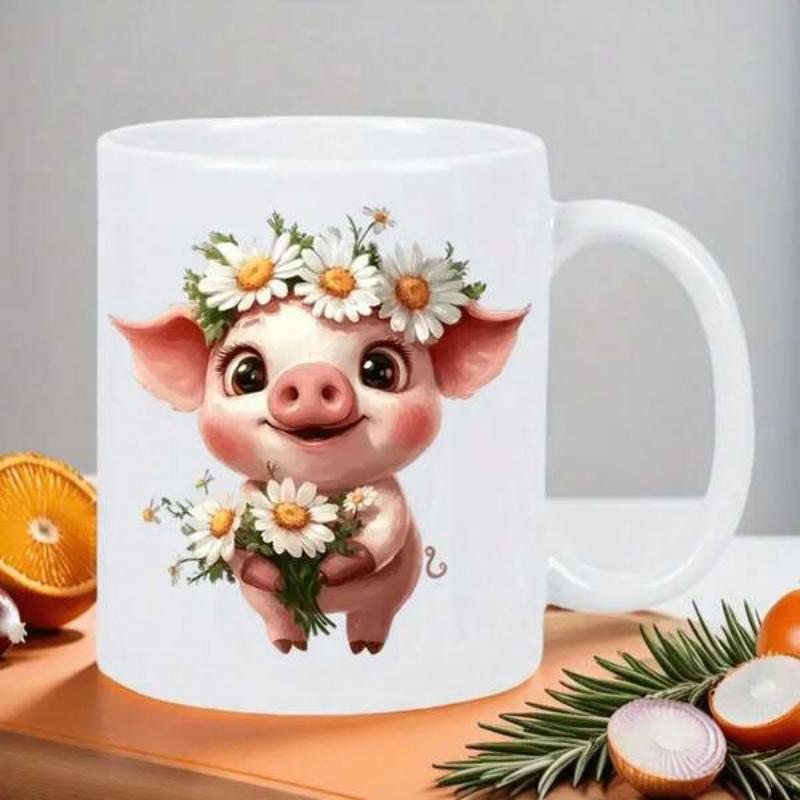 Tailorly White Ceramic 11 oz Mug - Adorable Smiling Piglet Wearing Floral Daisy Wreath Holding A Flower Bouquet Pig