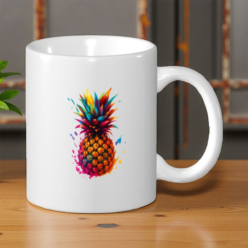 Tailorly White Ceramic 11 oz Mug - Vibrant Artistic Watercolor Paint Splashes Creating A Tropical Modern Style Pineapple