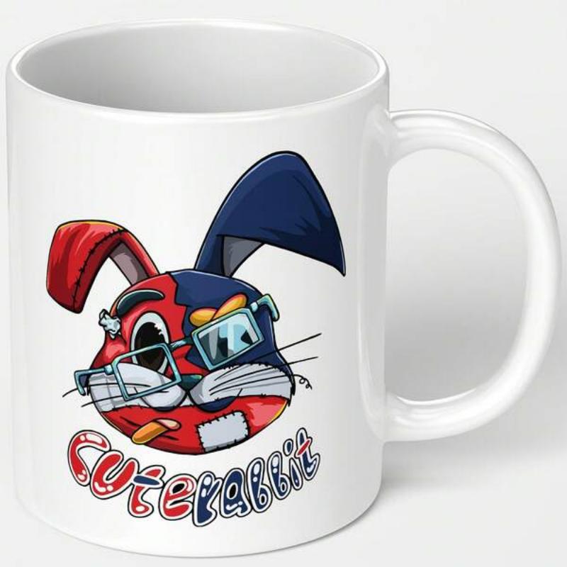 Tailorly White Ceramic 11 oz Mug - Cute Rabbit Vibrant Red And Blue Patchwork Rabbit Wearing Blue Rimmed Glasses Rabbit