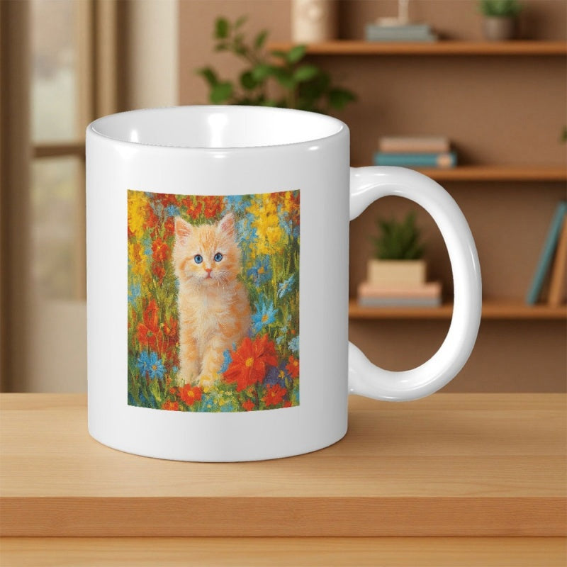 Tailorly White Ceramic 11 oz Mug - Artistic Oil Painting Style Sitting Among Vibrant Colorful Garden Flowers Kitten