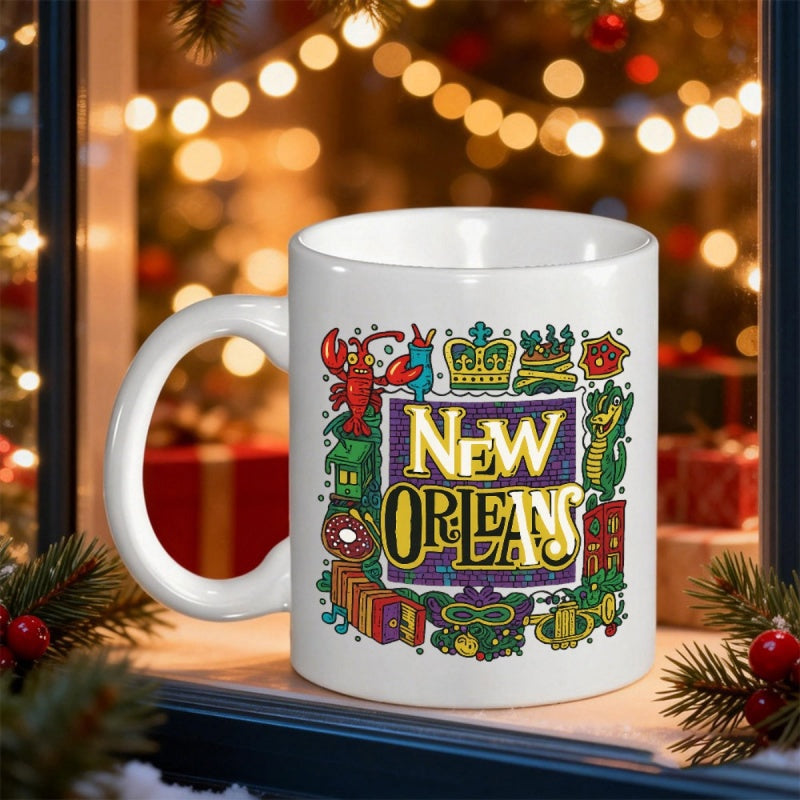 Tailorly White Ceramic 11 oz Mug - New Orleans Colorful Artistic Symbols Representing Southern Culture And Festive Music Spirit Illustration