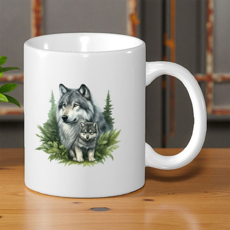 Tailorly White Ceramic 11 oz Mug - Majestic Grey Forest Wolf With Cub Sitting Among Green Pine Trees Wolf