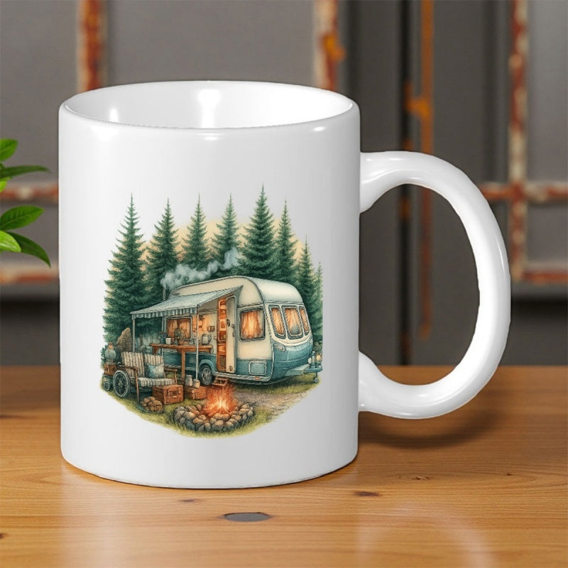 Tailorly White Ceramic 11 oz Mug - Cozy Vintage Style Parked Among Tall Pine Trees Near Glowing Campfire Camper