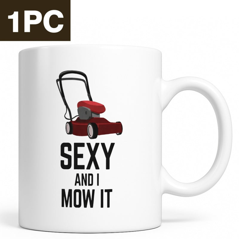 Tailorly White Ceramic 11 oz Mug - Sexy And I Mow It Vibrant Red Classic Garden Machine Resting On A Pure Surface Lawnmower