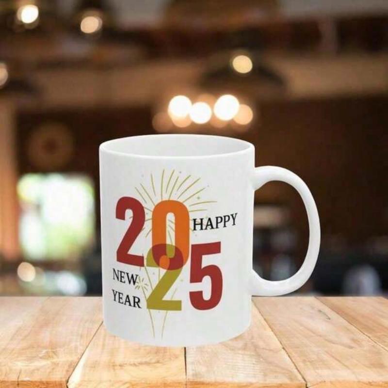 Tailorly White Ceramic 11 oz Mug - Happy New Year 2025 Colorful Stylized Numbers Floating Amidst Radiant Sunburst Lines Mug