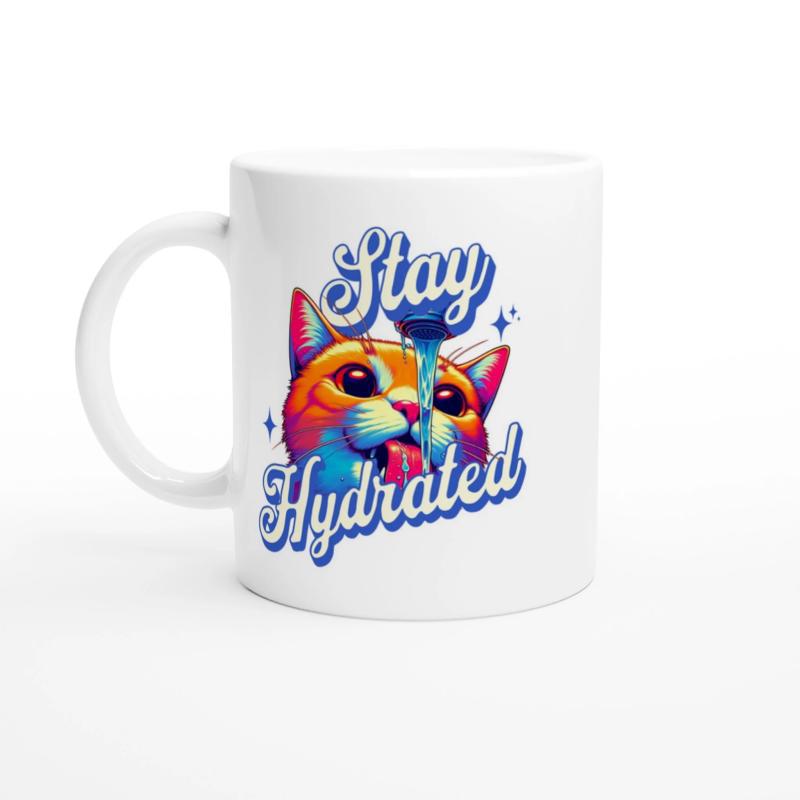 Tailorly White Ceramic 11 oz Mug - Stay Hydrated Vibrant Colorful Cartoon Feline Drinking Water From A Flowing Faucet Cat