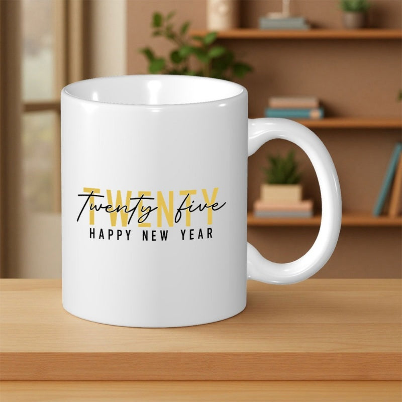 Tailorly White Ceramic 11 oz Mug - Twenty Five Happy New Year Elegant Black Typography Centered On A Minimalist