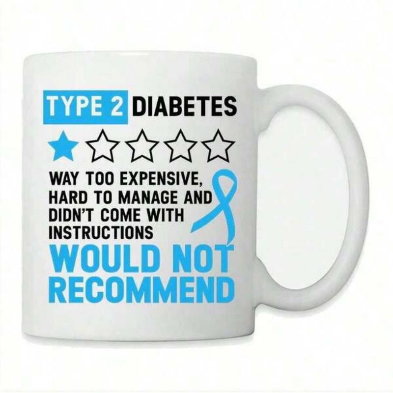 Tailorly White Ceramic 11 oz Mug - Type 2 Diabetes Would Not Recommend Five Small Rating Stars And A Blue Awareness Ribbon Print Mug