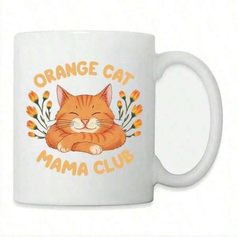 Tailorly White Ceramic 11 oz Mug - Orange Cat Mama Club Smiling Ginger Tabby Surrounded By Delicate Orange Flowers And Green Stalks Cat