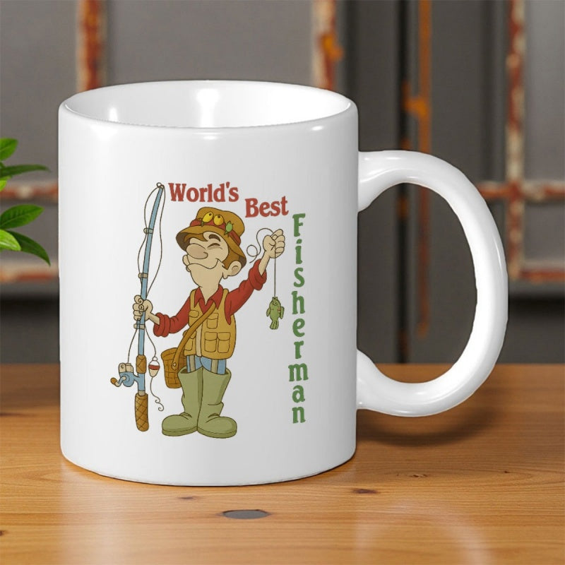 Tailorly White Ceramic 11 oz Mug - World's Best Fisherman Cartoon Character Standing Proudly Holding Fishing Rod And Green Fish Fisherman