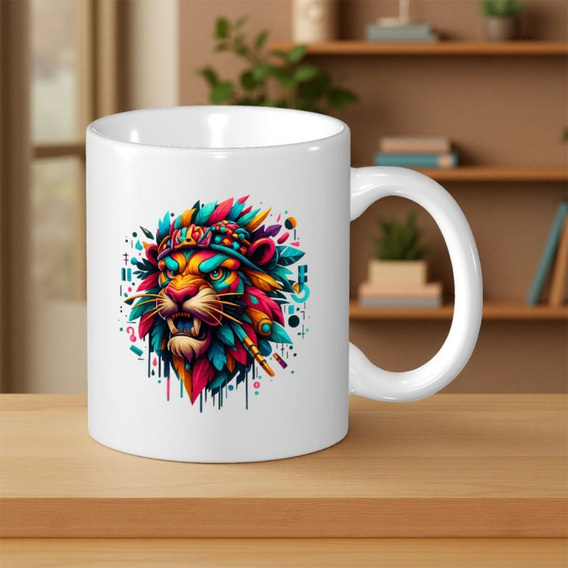 Tailorly White Ceramic 11 oz Mug - Vibrant Colorful Artistic Tribal Headdress With Paint Splash Effects Lion