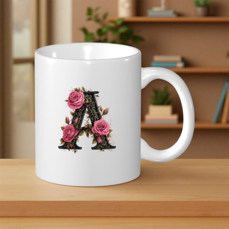 Tailorly White Ceramic 11 oz Mug - A Elegant Pink Roses Blooming Around A Vintage Black Serif Initial Letter