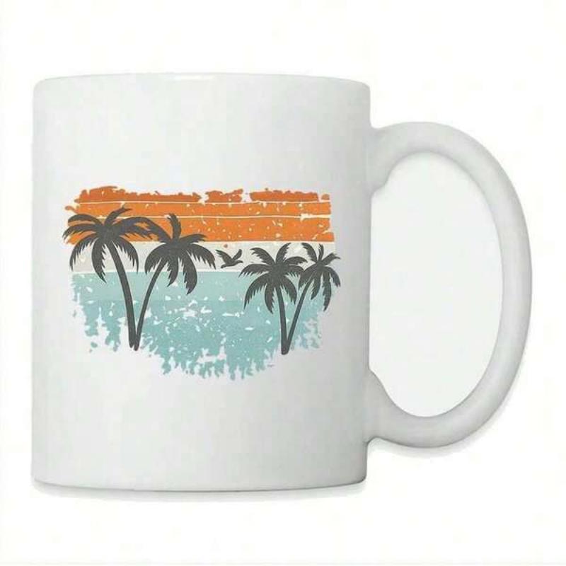 Tailorly White Ceramic 11 oz Mug - Vintage Distressed Sunset Scene Over Calm Tropical Ocean Waves With Flying Bird Palm Tree
