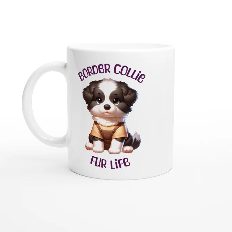 Tailorly White Ceramic 11 oz Mug - Border Collie Fur Life Adorable Small Puppy Sitting Contentedly Wearing A Tiny Yellowish Dog Harness Border Collie