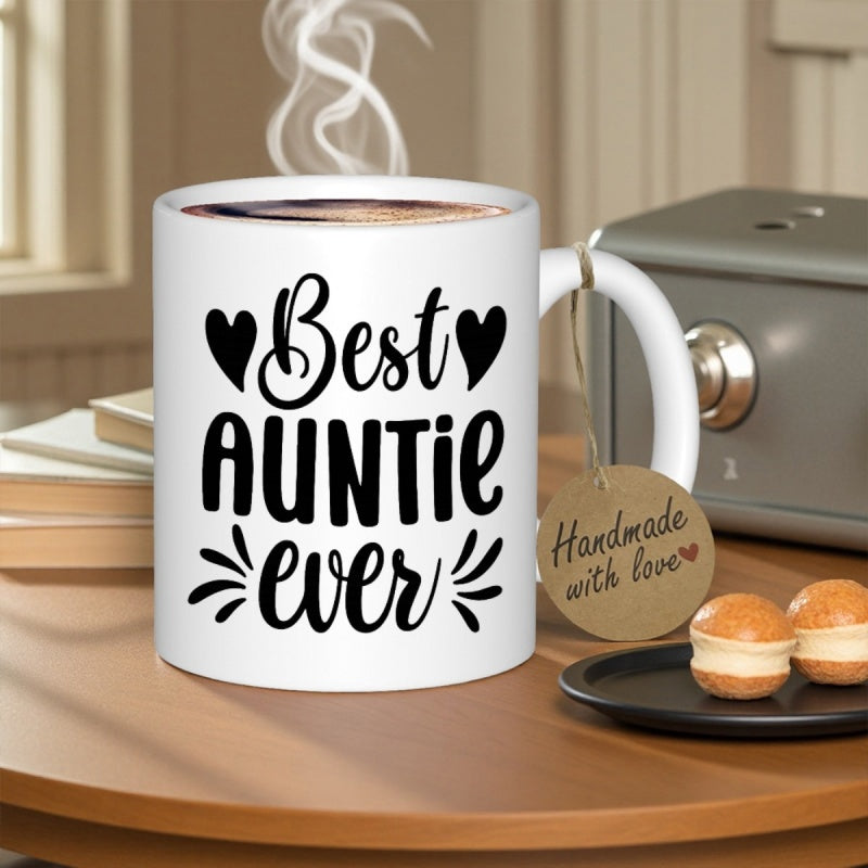 Tailorly White Ceramic 11 oz Mug - Best Auntie Ever Elegant Minimalist Ceramic Vessel Featuring Simple Hearts Under Soft Morning Light Mug
