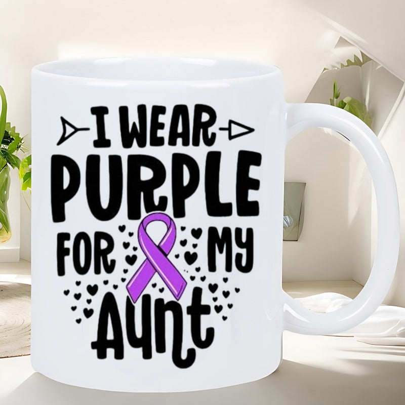Tailorly White Ceramic 11 oz Mug - I Wear Purple For My Aunt Stylized Bold Text Featuring Decorative Hearts And Symbolic Purple Awareness Ribbon