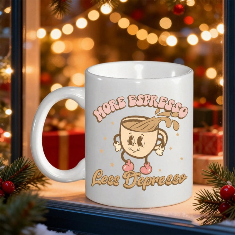 Tailorly White Ceramic 11 oz Mug - More Espresso Less Depresso Vintage Style Cartoon Character Splashing Hot Liquid Dancing On White Surface Mug