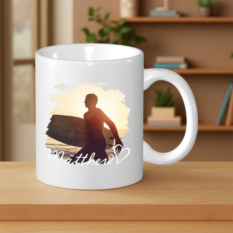 Tailorly White Ceramic 11 oz Mug - Matthew Peaceful Golden Sunset Beach Scene With Silhouette Carrying Surfboard Surfer