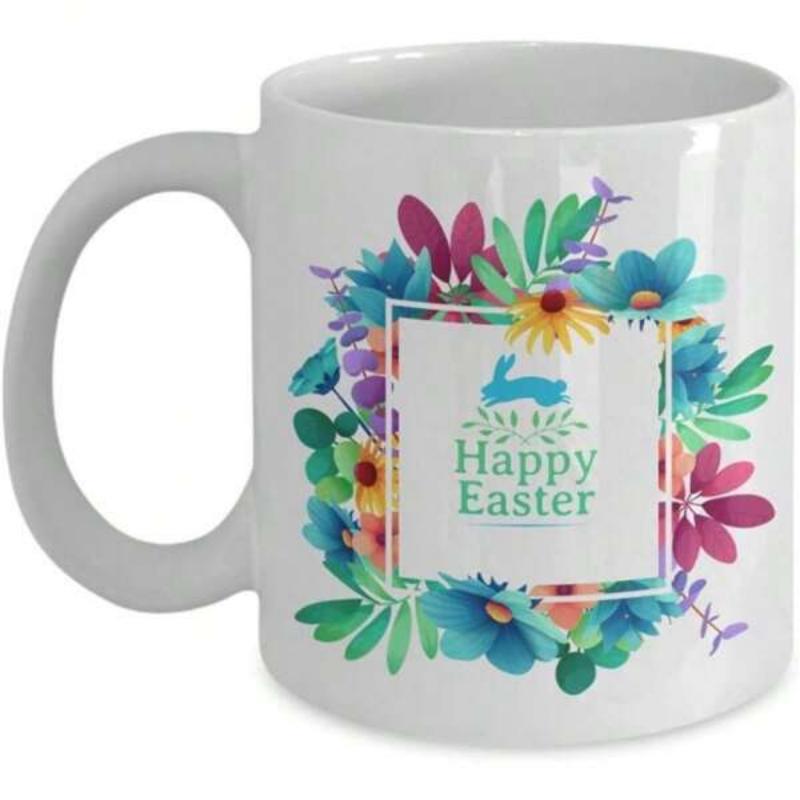 Tailorly White Ceramic 11 oz Mug - Happy Easter Colorful Watercolor Flowers Blooming Around A Geometric Frame With A Blue Rabbit