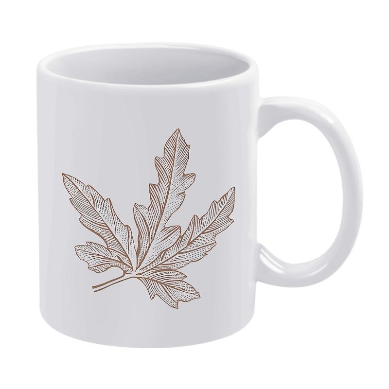 Tailorly White Ceramic 11 oz Mug - Detailed Brown Botanical Line Drawing Of A Rustic Autumn Foliage Leaf