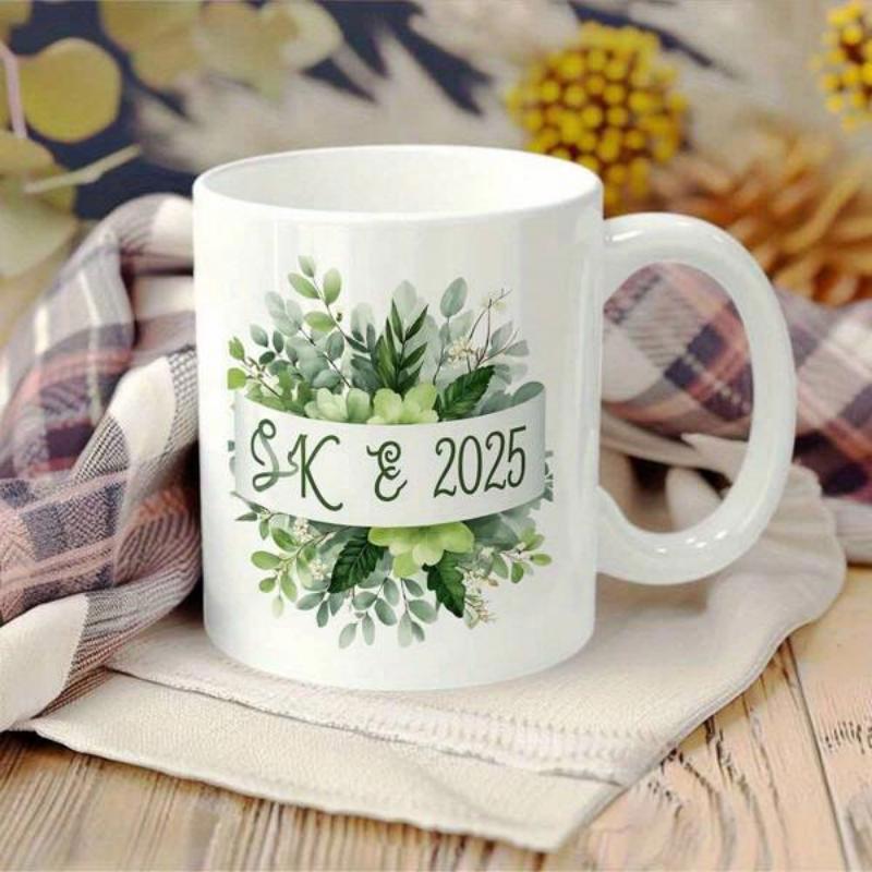 Tailorly White Ceramic 11 oz Mug - SK 2025 Lush Green Watercolor Foliage Entwined Within A Delicate Banner Wreath